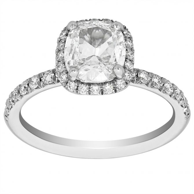 Cushion Diamond Halo Engagement Ring with Pavé Shank in Platinum, 1.23 ct