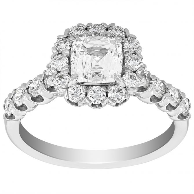 Criss Cut Cushion Diamond Halo Engagement Ring with Diamond Shank in White Gold