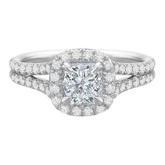 Borsheims Signature Square Diamond Engagement Ring with Halo & Split Shank in White Gold