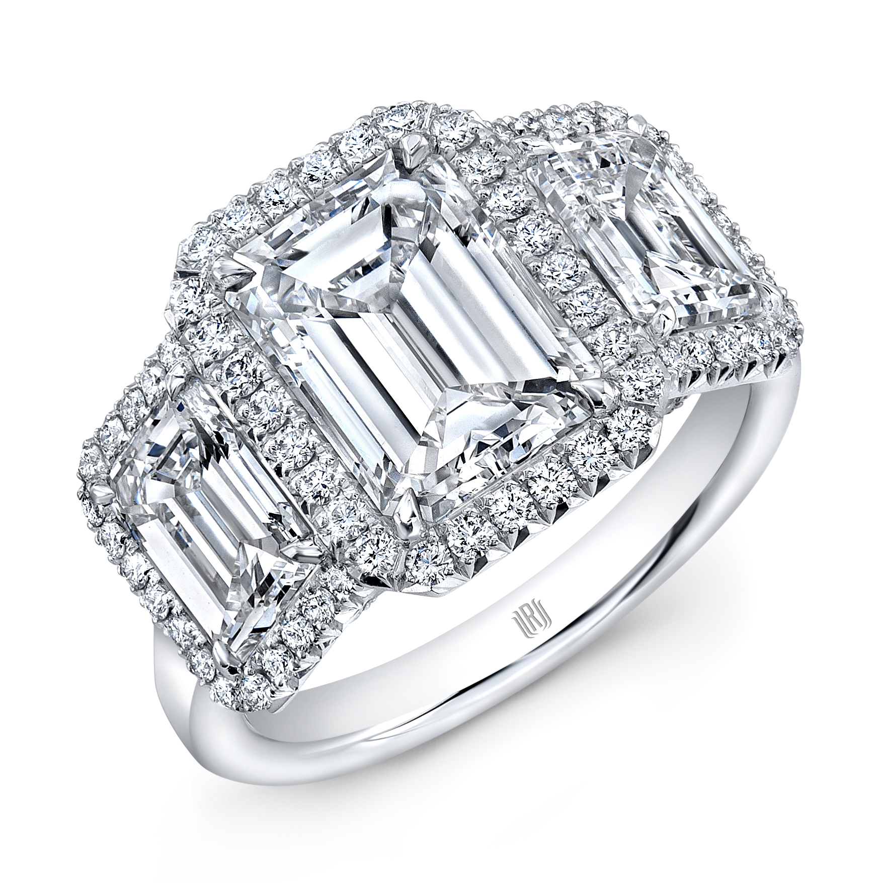 Rahaminov Emerald Cut Diamond 3 Stone Halo Engagement Ring in Platinum ...