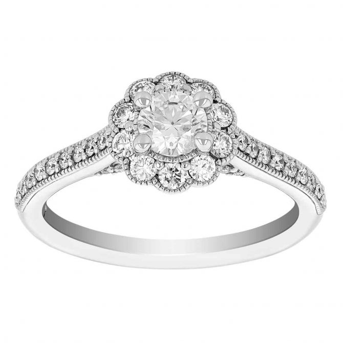 Diamond Floral Halo Engagement Ring with Side Stones & Milgrain in White Gold, 1.26 ct