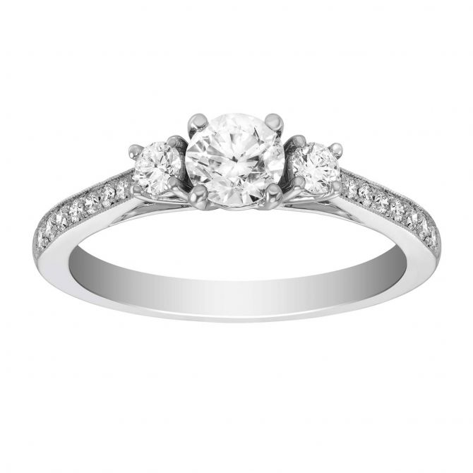 White Gold Diamond 3 Stone Engagement Ring with Diamond Milgrain Shank, 0.98 ct