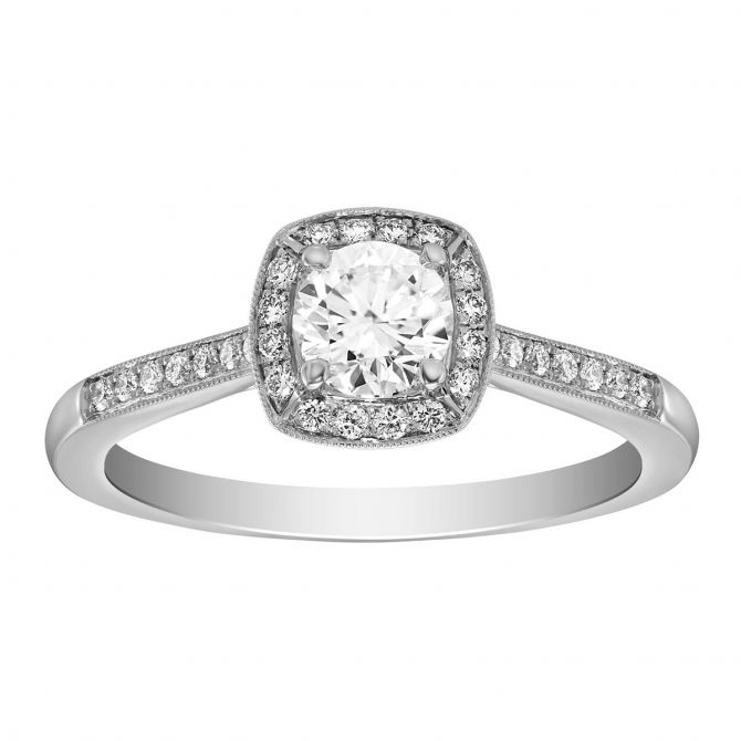 White Gold Diamond Engagement Ring with Milgrain Cushion Halo & Shank, 0.63 ct