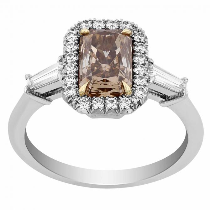 Radiant Fancy Brown Diamond Halo Engagement Ring with Baguettes in Platinum