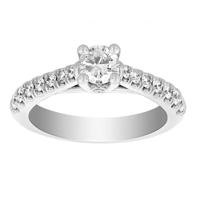 Diamond Cathedral Shank Engagement Ring in White Gold, 0.85 ct