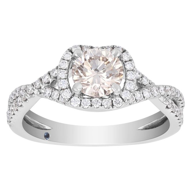 Brown Diamond Engagement Ring with Halo & Criss Cross Shank in 14K White Gold