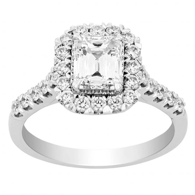 Cut Corner Rectangular Brilliant Diamond Halo Engagement Ring in White Gold