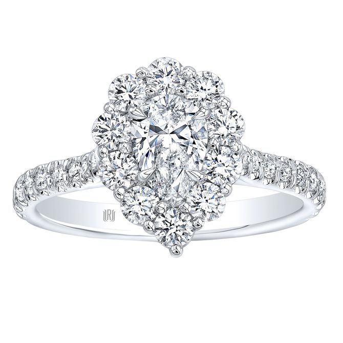 Rahaminov Pear Shape Diamond & Halo Engagement Ring in White Gold, 1.33 cttw