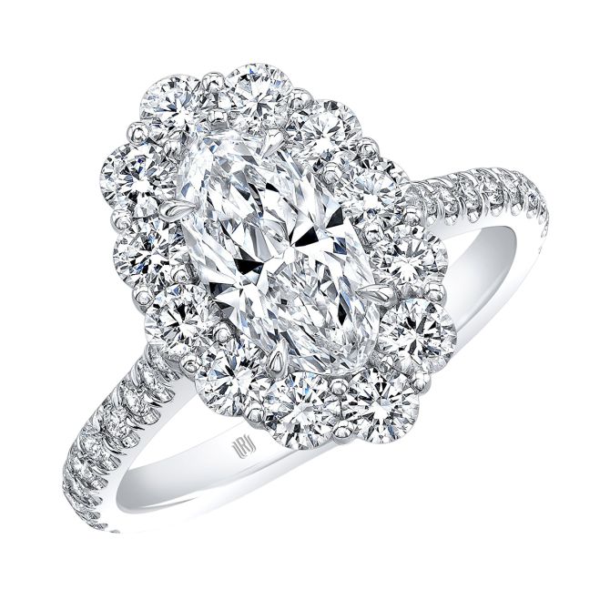 Rahaminov Oval Diamond & Halo Engagement Ring in White Gold, 1.86 cttw