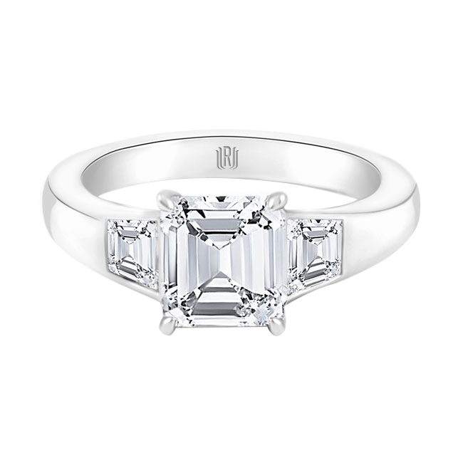 Rahaminov Emerald Cut Diamond & Trapezoid Side Stone Engagement Ring in Platinum