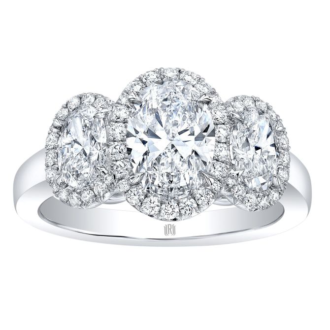 Rahaminov Oval Diamond & Halo Trio Engagement Ring in White Gold