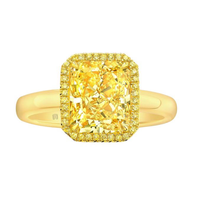 Rahaminov Radiant Fancy Yellow Diamond & Halo Engagement Ring in Yellow Gold