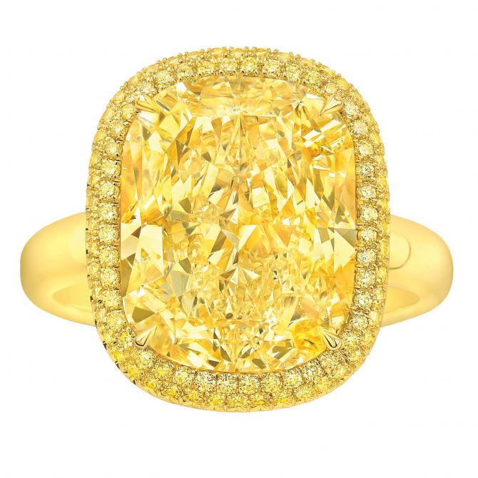 Rahaminov Fancy Yellow Cushion Diamond Double Halo Ring in Yellow Gold