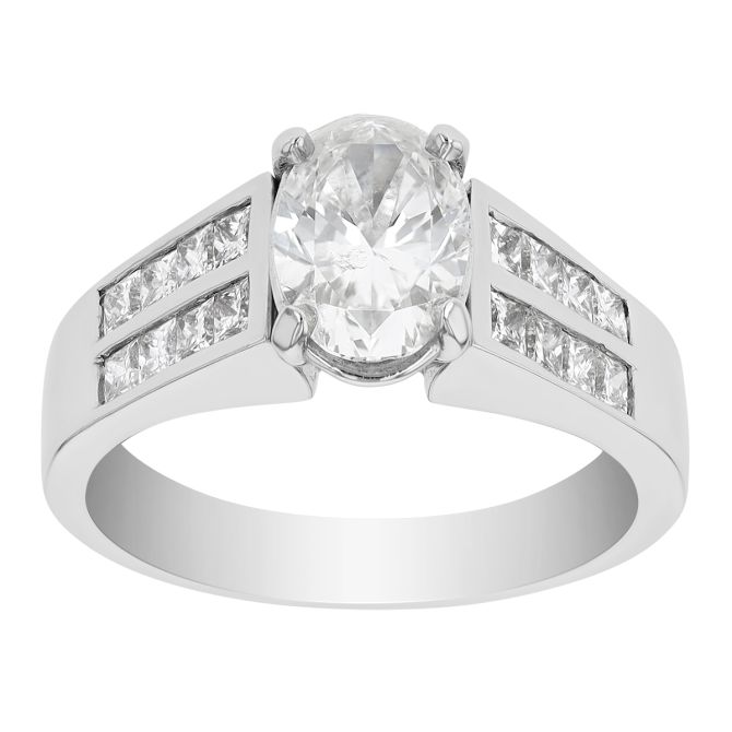 Oval Diamond & Princess Cut Channel Set Shank Engagement Ring in 14K White Gold