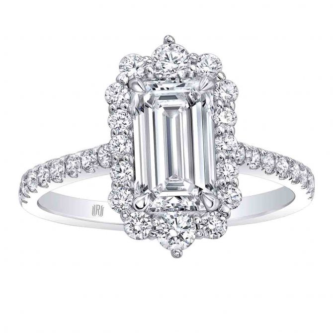 Rahaminov Emerald Cut Diamond Halo Engagement Ring in 18K White Gold