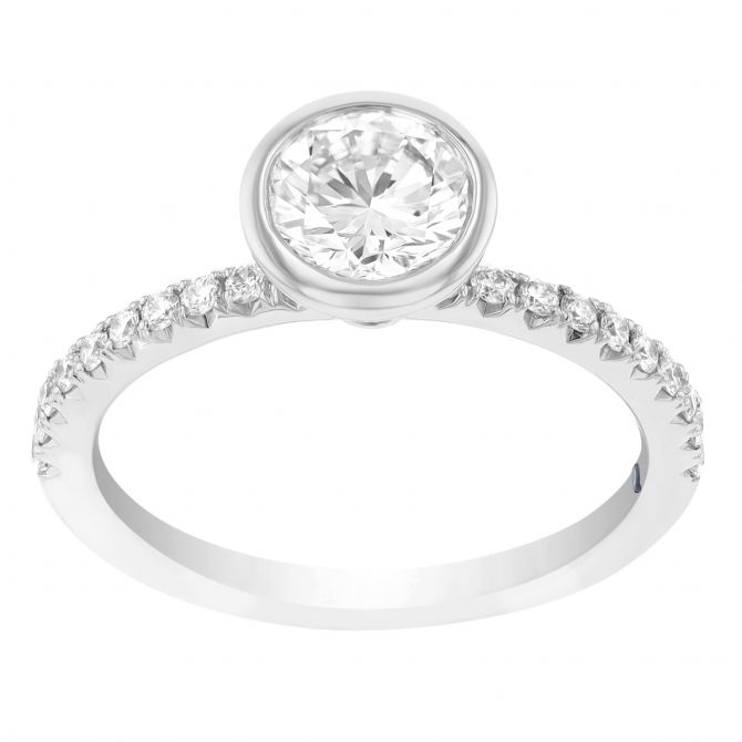 Round Bezel Set Diamond & Side Stone Engagement Ring in White Gold