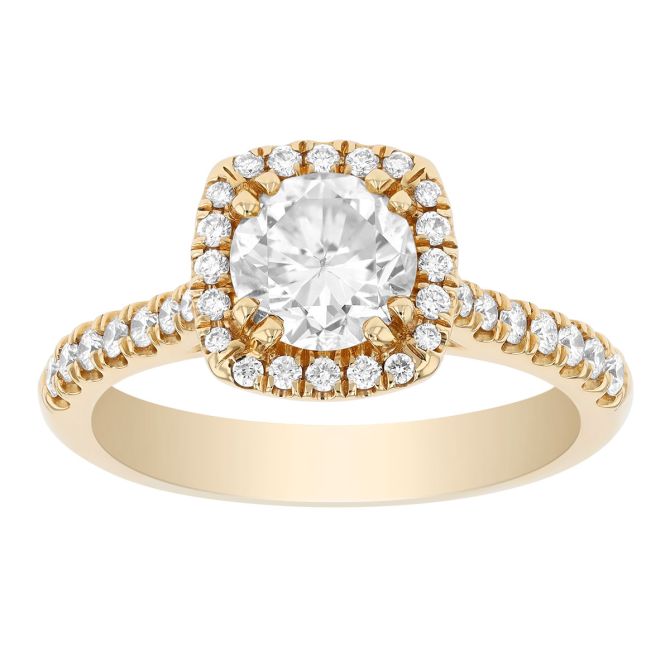 Round Diamond Engagement Ring with Diamond Cushion Halo & Shank in 18K Yellow Gold