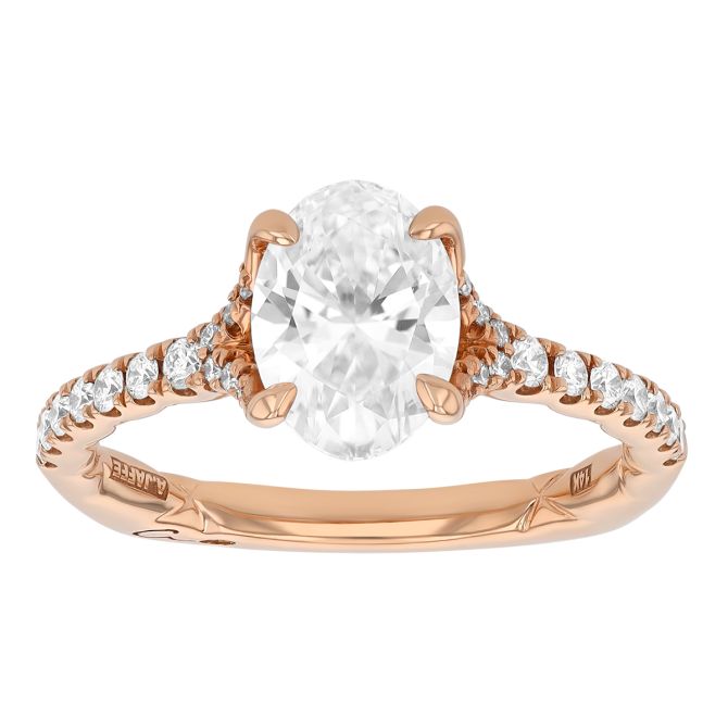 Oval Diamond & Side Stone Split Shank Engagement Ring in 14K Rose Gold