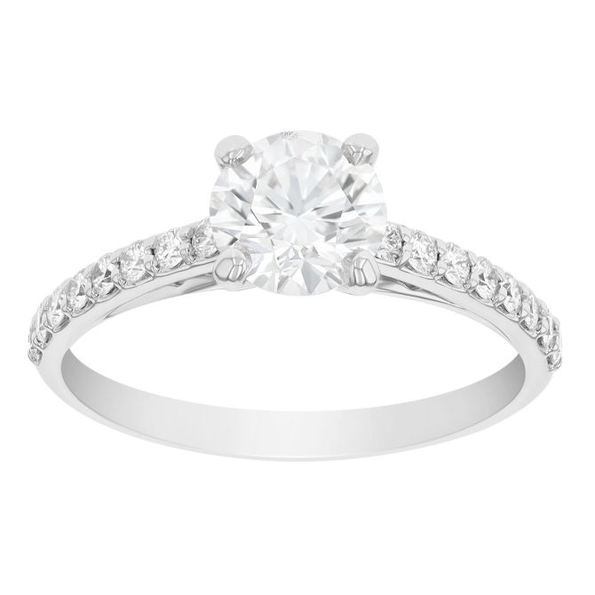 Round 1.07 ct Diamond Cathedral Engagement Ring with Pave in 18K White Gold