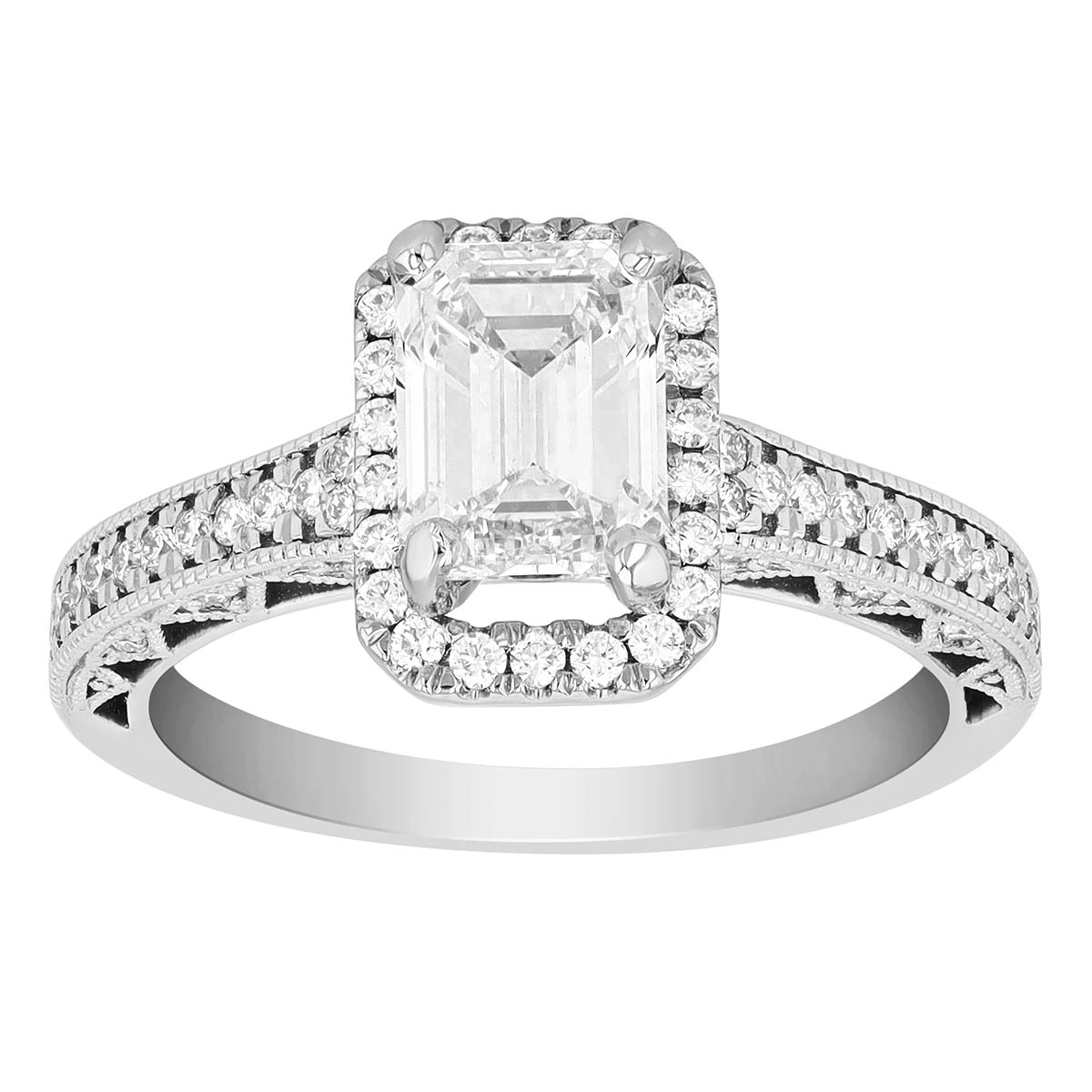 Emerald Cut Diamond Engagement Ring with Halo & Zig Zag Shank in 14K ...