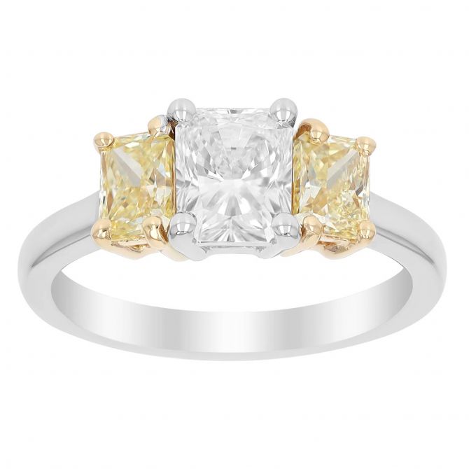 Radiant Cut White & Fancy Yellow Diamond 3 Stone Engagement Ring in Two Tone, 2.24 cttw