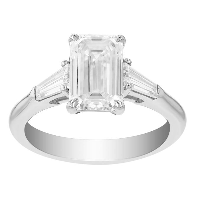 J.B. Star Emerald Cut & Tapered Baguette Diamond 3 Stone Engagement Ring in Platinum