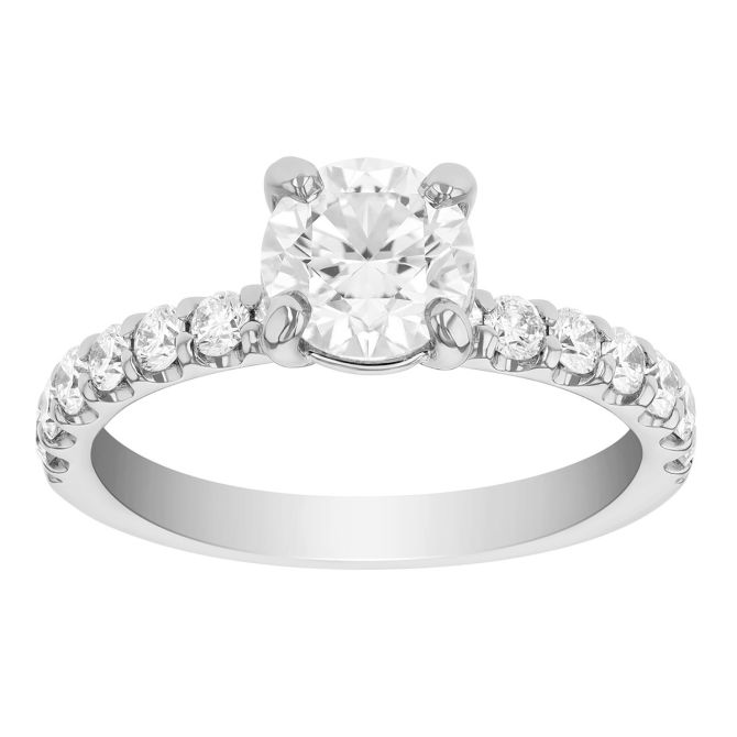 Round Diamond Engagement Ring with Shared Prong Side Stones in 18K White Gold