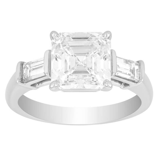 Lab Grown Asscher & Baguette Diamond 3 Stone Engagement Ring in Platinum