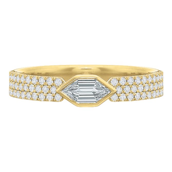 Hexagon Cut Bezel Set Diamond Engagement Ring with Pave Band in 18K Yellow Gold