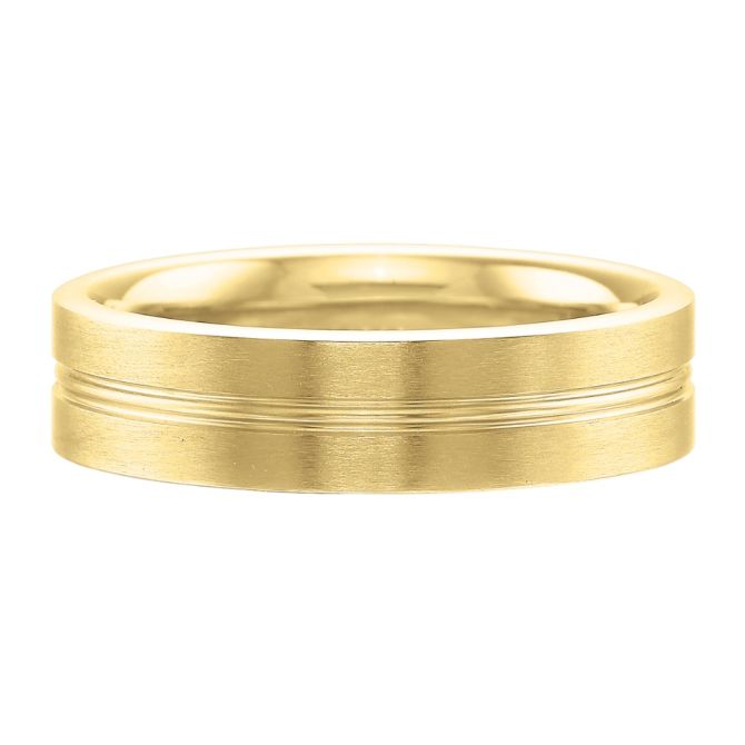 Yellow Gold Grooved Center Brushed Flat 6 mm Wedding Band, Size 10