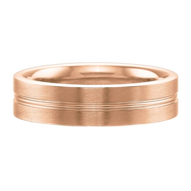 Rose Gold Grooved Center Brushed Flat 6 mm Wedding Band, Size 10