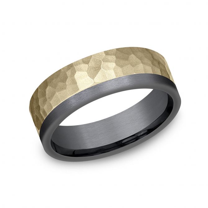 Benchmark Hammered Yellow Gold & Dark Tantalum 7 mm Wedding Band, Size 10