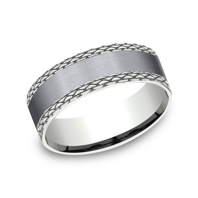 Benchmark Grey Tantalum & White Gold Chainlink Pattern Edge 7 mm Wedding Band, Size 10