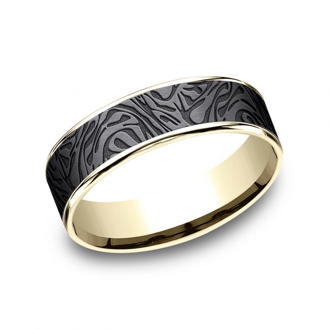 Benchmark Dark Tantalum & Yellow Gold Mokume Pattern 6.5 mm Wedding Band, Size 10