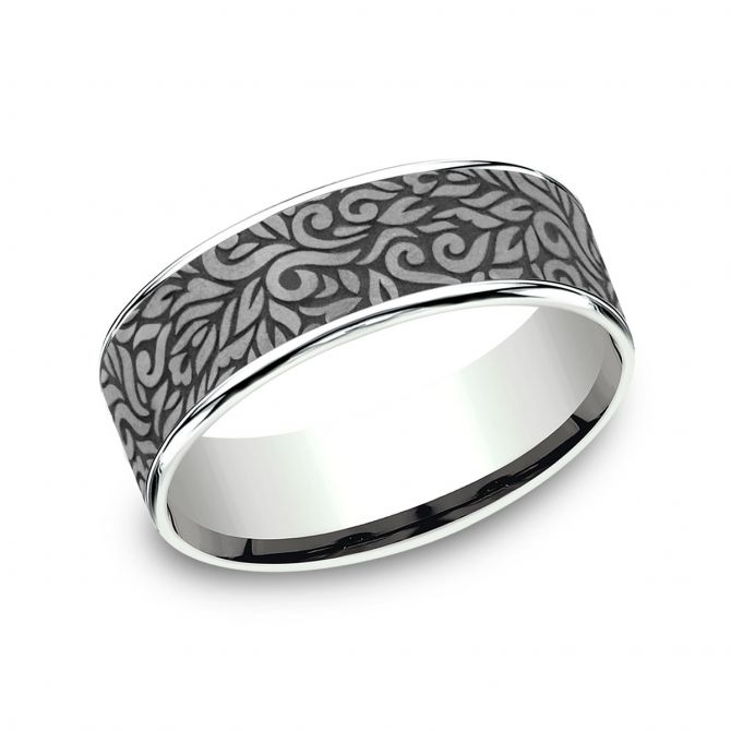 Benchmark Grey Tantalum & White Gold Paisley Pattern 7.5 mm Wedding Band, Size 10