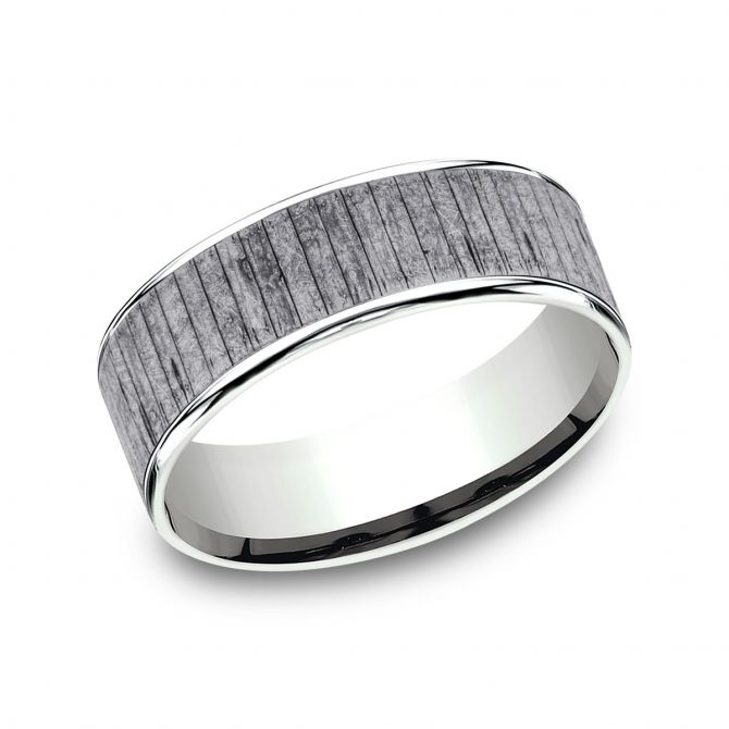 Benchmark Grey Tantalum & White Gold Wood Texture 7.5 mm Wedding Band, Size 10