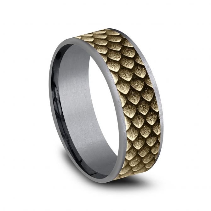 Benchmark Blackened Yellow Gold & Grey Tantalum Dragon Scale Pattern 7.5 mm Wedding Band, Size 10