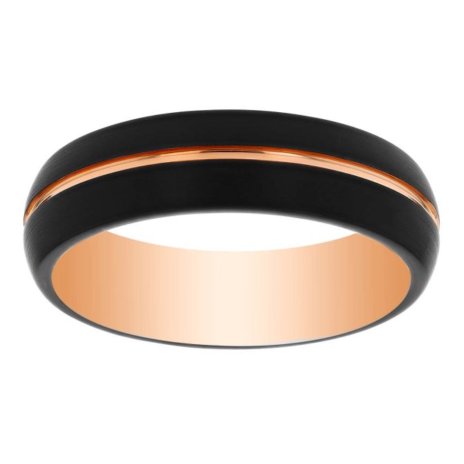 Black Tungsten & Rose Tone Grooved Wedding Band, Size 12