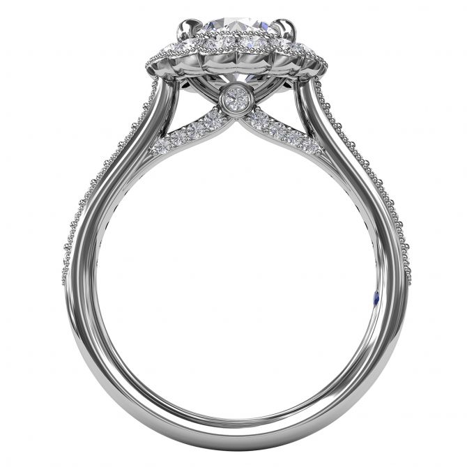 Diamond & Milgrain Double Scalloped Halo Engagement Ring Setting with Side Stones in White Gold