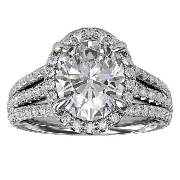 Diamond Oval Halo & 3 Row Shank Engagement Ring Setting in White Gold