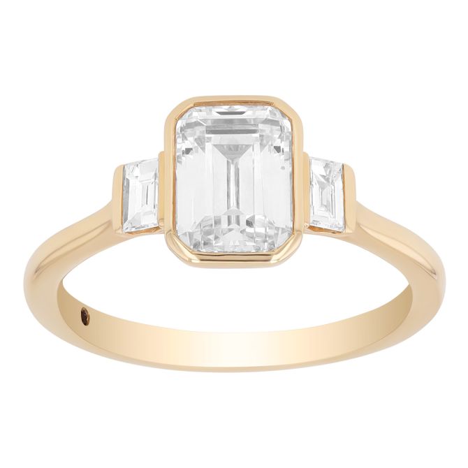 Diamond 3 Stone Engagement Ring Setting for Emerald Cut Center in Yellow Gold