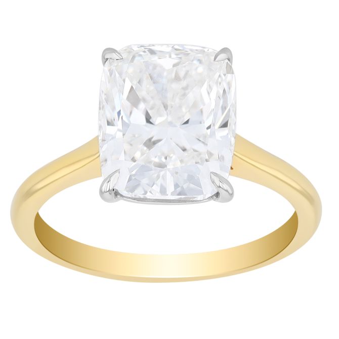 Cushion Cut Diamond Solitaire Engagement Ring in 18K Yellow Gold, 4.04 ct