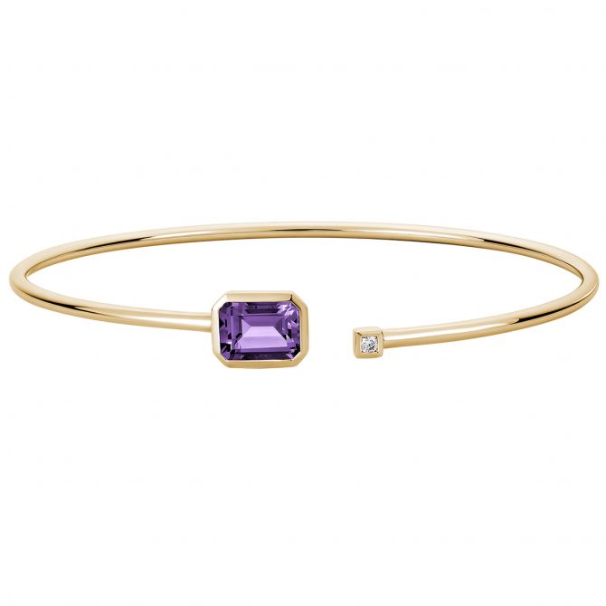 Emerald Cut Amethyst Cuff Bracelet with Diamond Accent in Yellow Gold