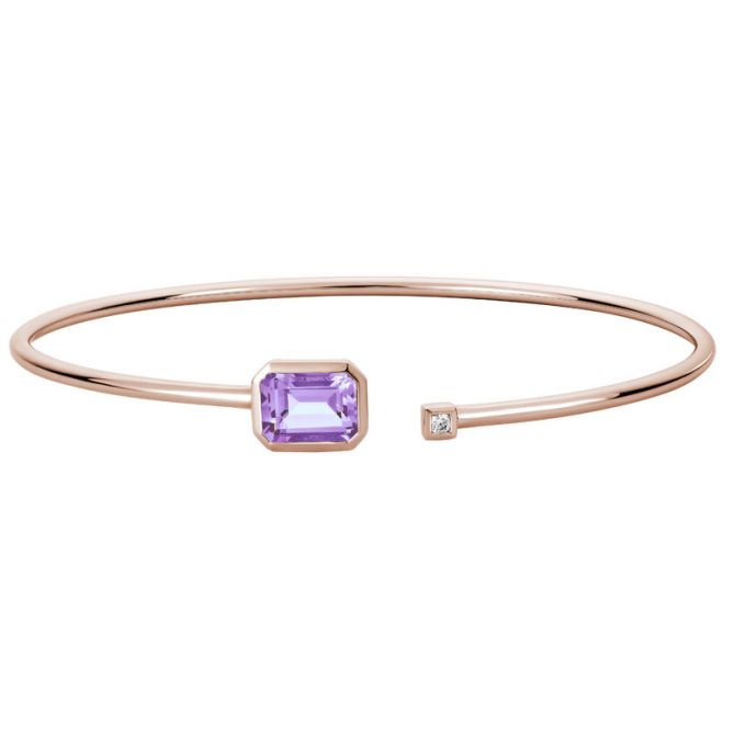 Emerald Cut Pink Amethyst & Diamond Bezel Set Open Bangle Bracelet in Rose Gold