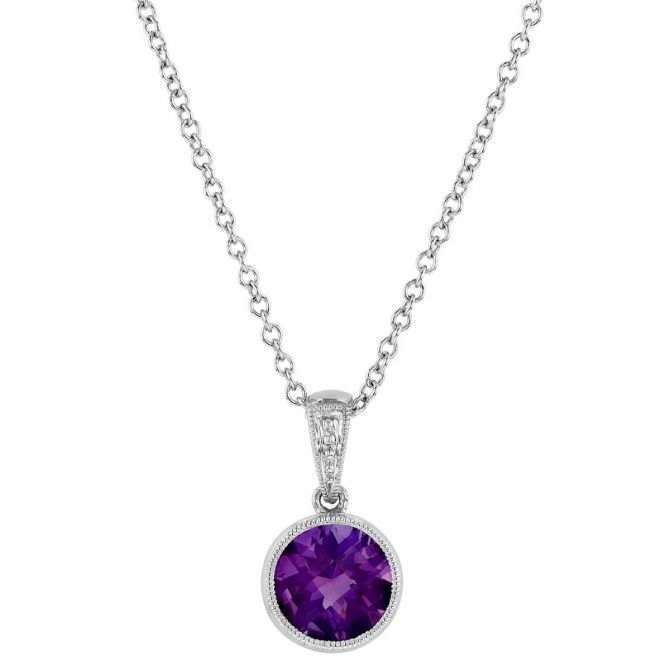 Amethyst Milgrain Bezel Set Pendant Necklace in White Gold