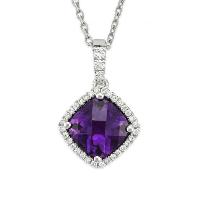 Amethyst & Diamond Halo Pendant Necklace in White Gold