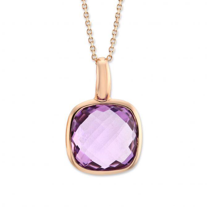 14K Rose Gold Checkerboard Amethyst Bezel Set Pendant, 18"