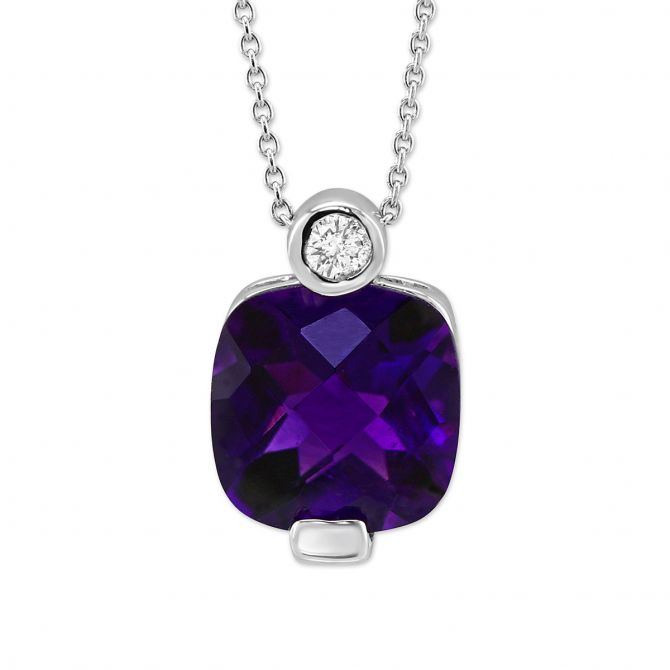 Amethyst & Bezel Set Diamond Pendant Necklace in White Gold