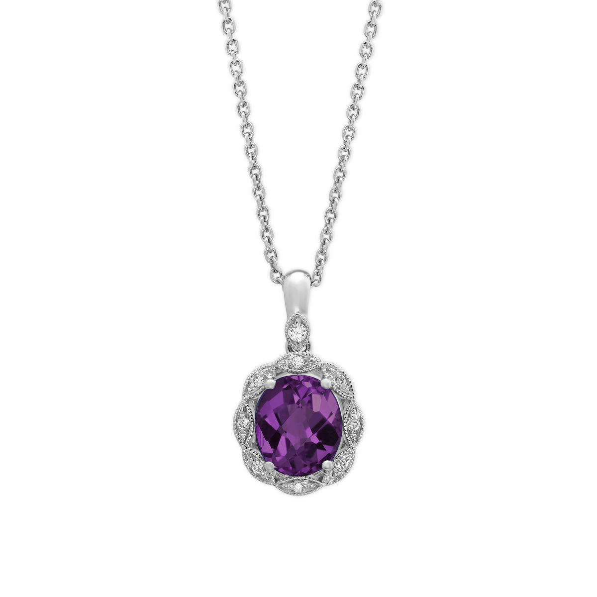 14K White Gold Oval Amethyst and Round Diamond Milgrain Pendant, 18 ...