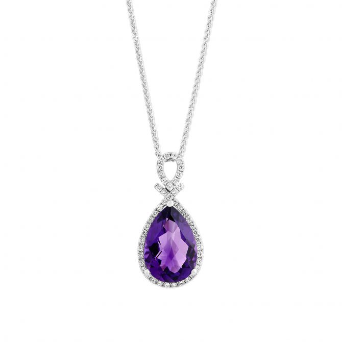 Checkerboard Pear Shaped Amethyst & Diamond Pendant in White Gold